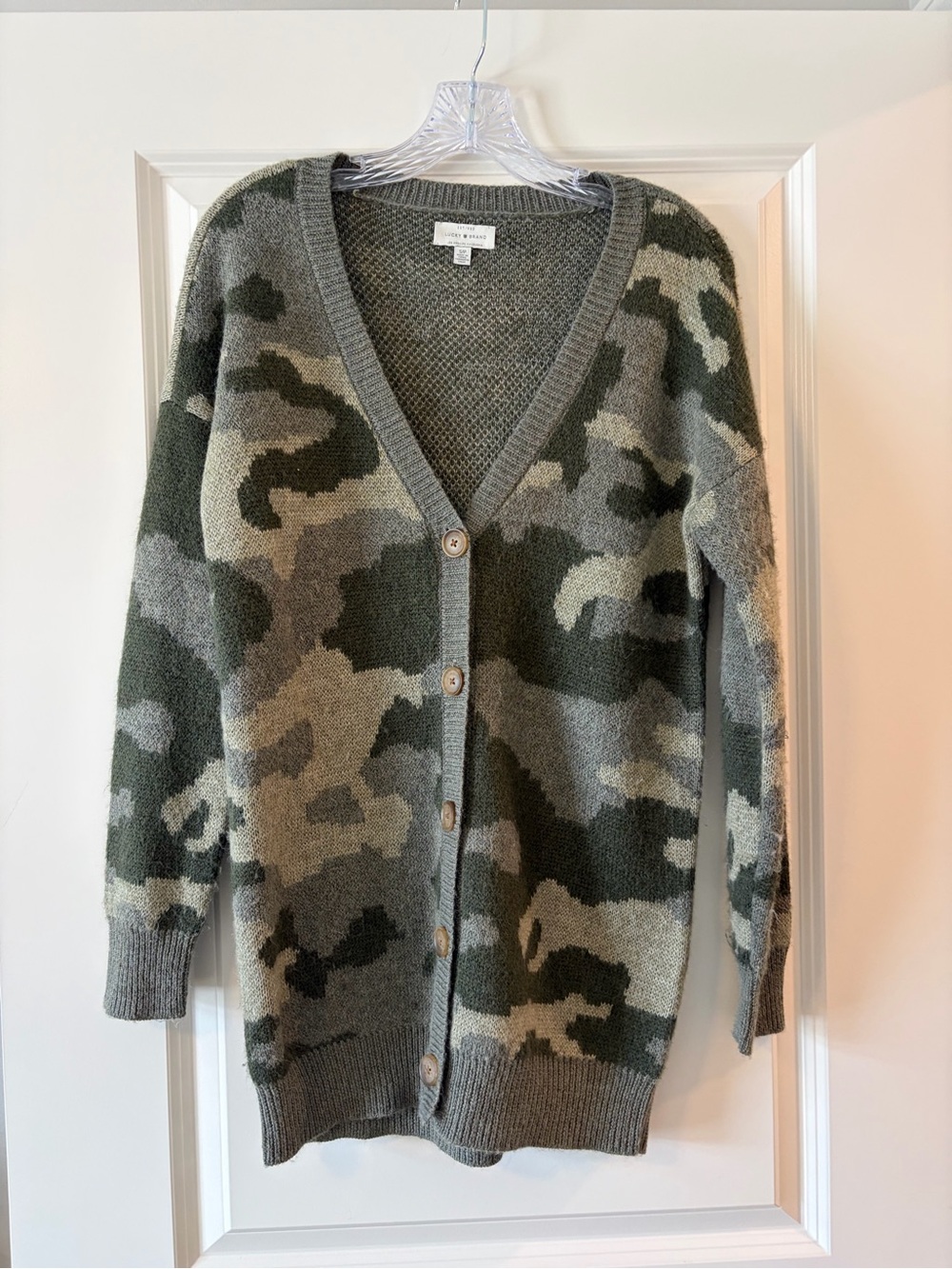 Lucky Brand Camouflage Button-Up Cardigan - Olive/Gray